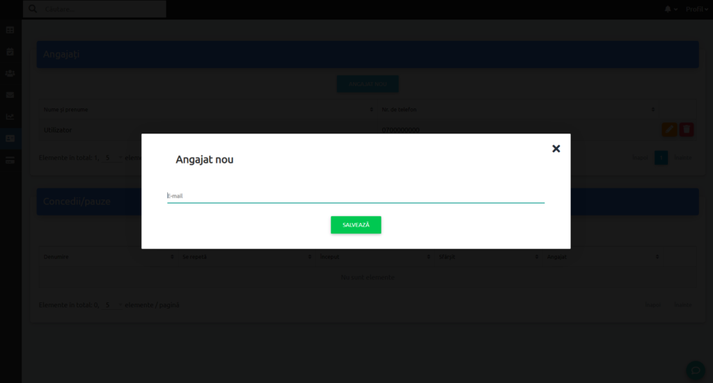 Fereastră Angajat nou — introducere e-mail