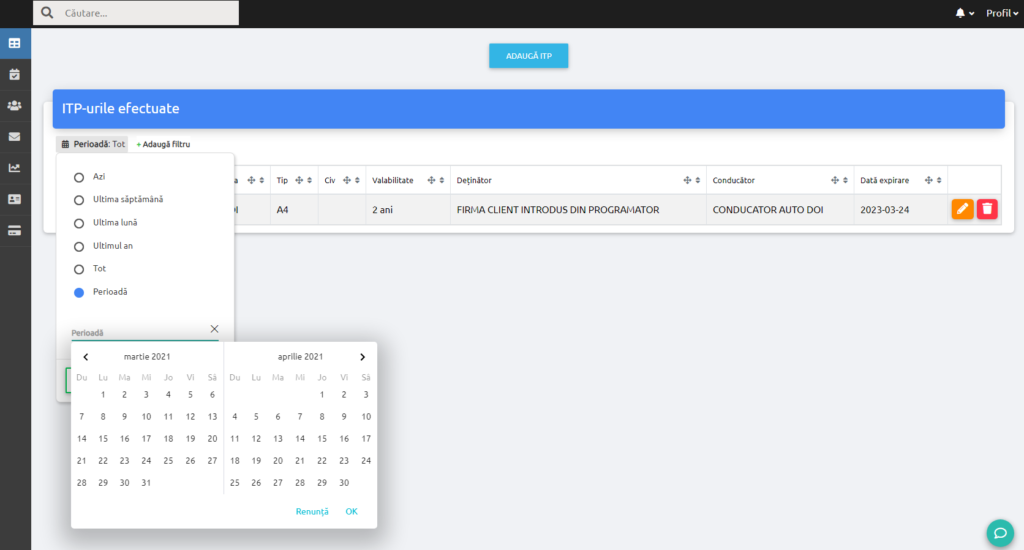 Filtru Perioadă cu opțiunile disponibile și calendar