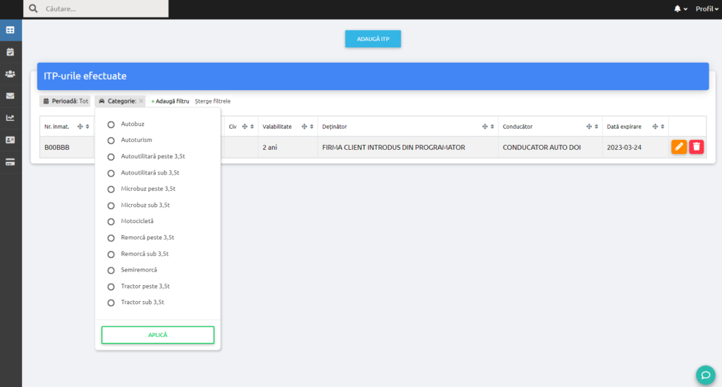 Filtru Categorie cu lista de categorii disponibile