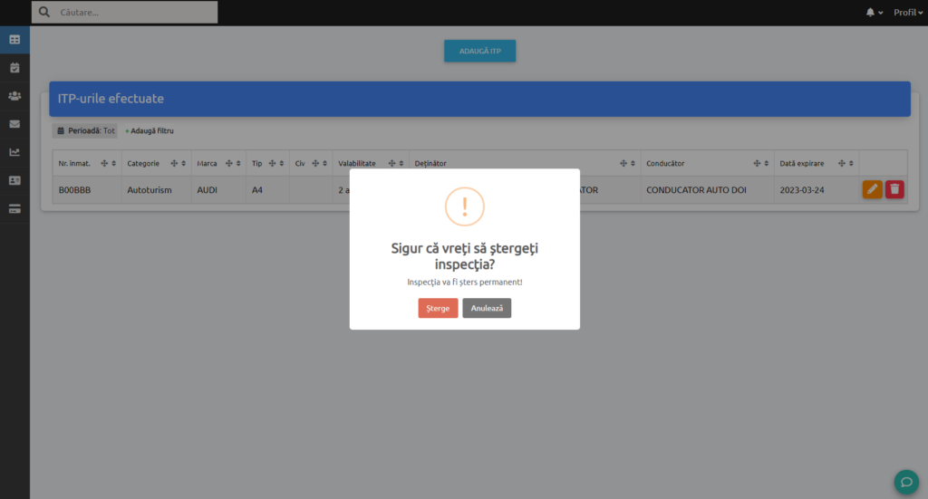 Confirmare ștergere inspecție