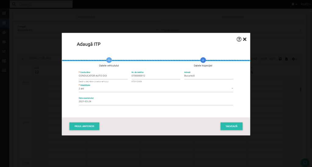 Fereastră Adaugă ITP din programator — Pasul 2