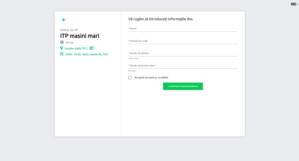 Pagina de programare online — introducere date client